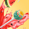 Caption: a slice of watermelon being dropped into a liquid