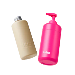 Caption: a pink bottle next to a white bottle
