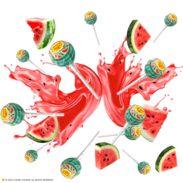 Caption: a group of watermelon lollipops with a splash of pink liquid