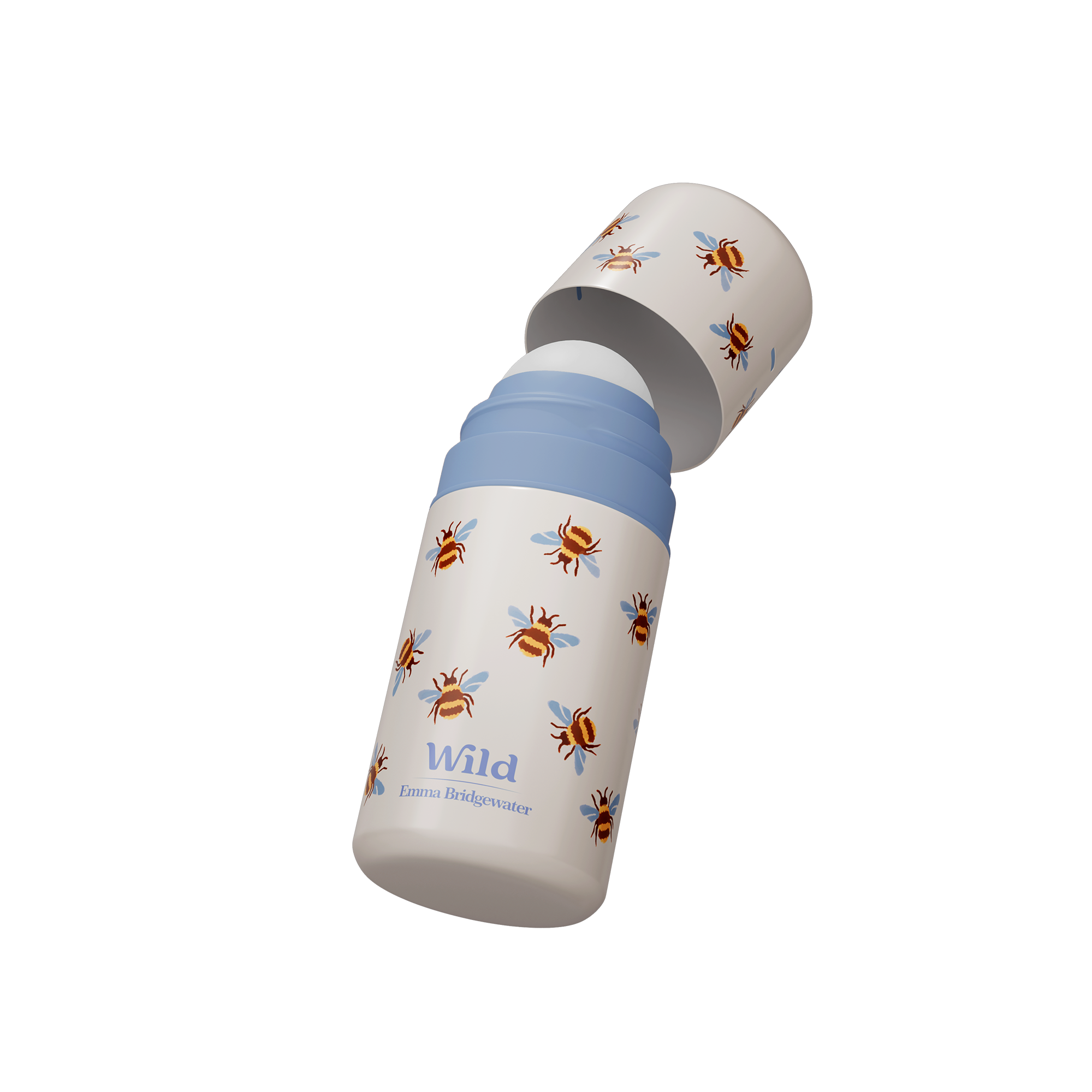 Caption: a blue and white baby bottle with bees on it