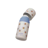 Caption: a blue and white baby bottle with bees on it