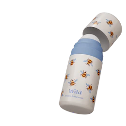 Caption: a white and blue baby bottle with bees on it