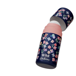 Caption: a pink and blue bottle with flowers on it