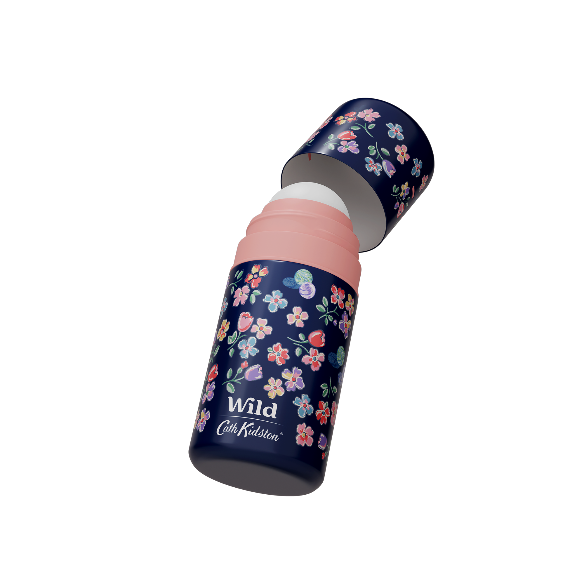 Caption: a pink and blue bottle with flowers on it