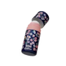 Caption: a pink and blue bottle with flowers on it