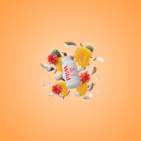 Caption: a bottle of protein drink surrounded by broken pieces of paper