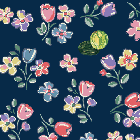 Caption: a blue background with flowers and a ball of yarn