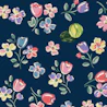 Caption: a blue background with flowers and a ball of yarn