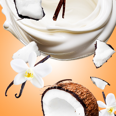 Légende : gros plan d'un gâteau sur une assiette avec des noix de coco