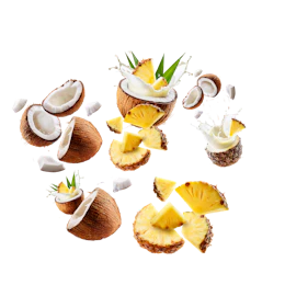 Caption: a collage of coconuts, pineapples, and coconut milk