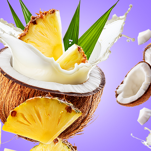 Légende : photo d'une noix de coco et d'un morceau d'ananas