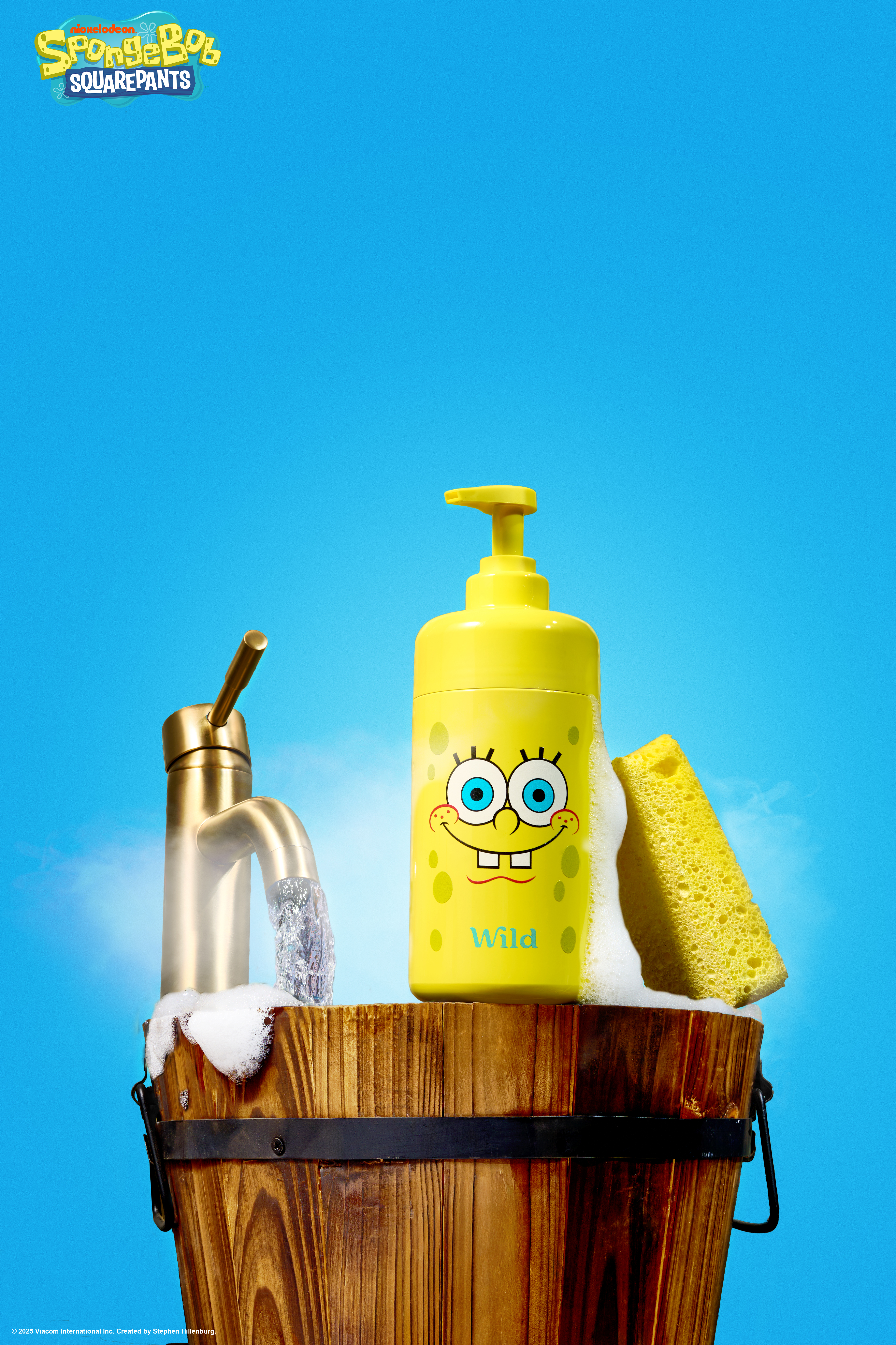 Caption: a spongebob water bottle sitting on top of a wooden bucket
