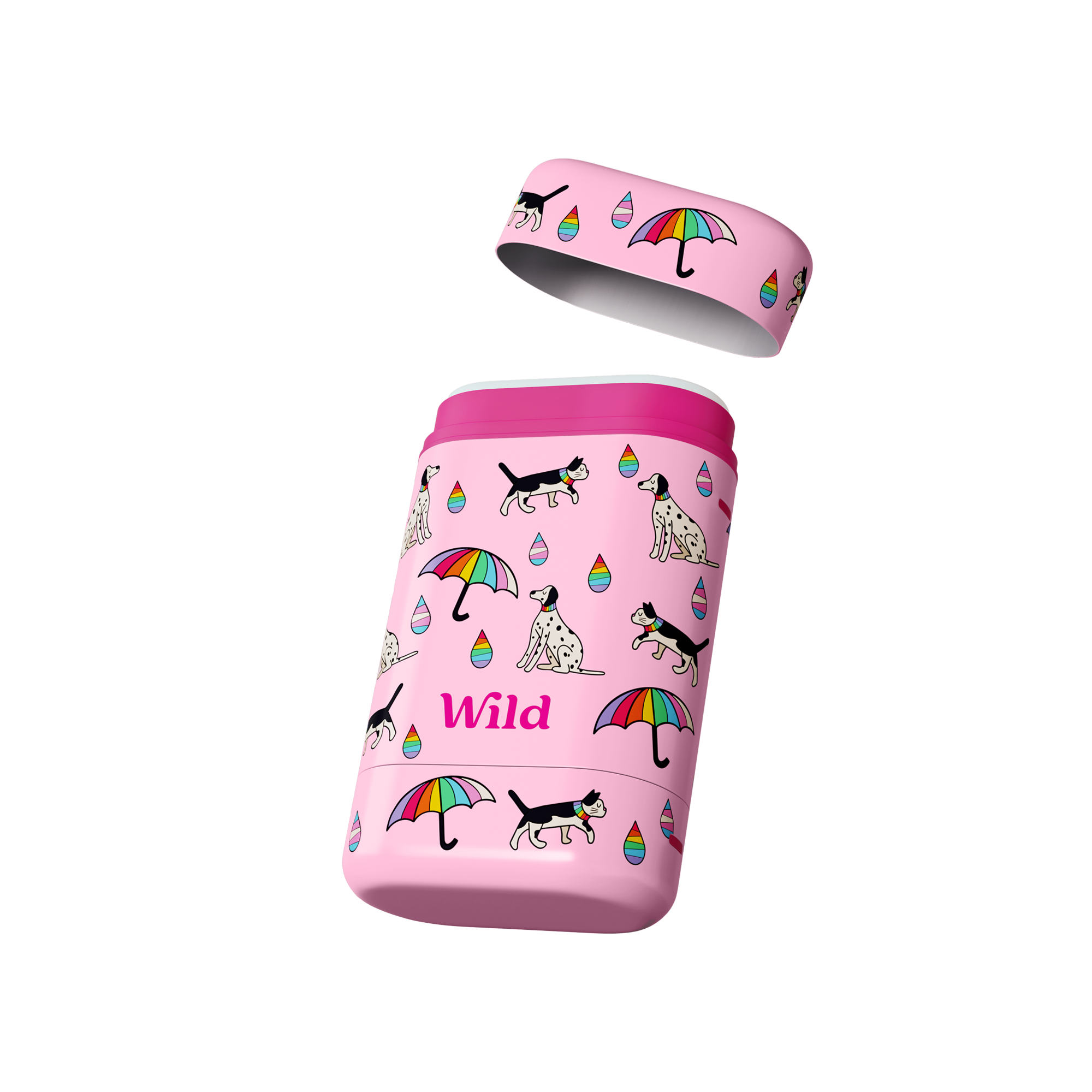 Caption: a pink canister with a pattern of dogs and umbrellas on it