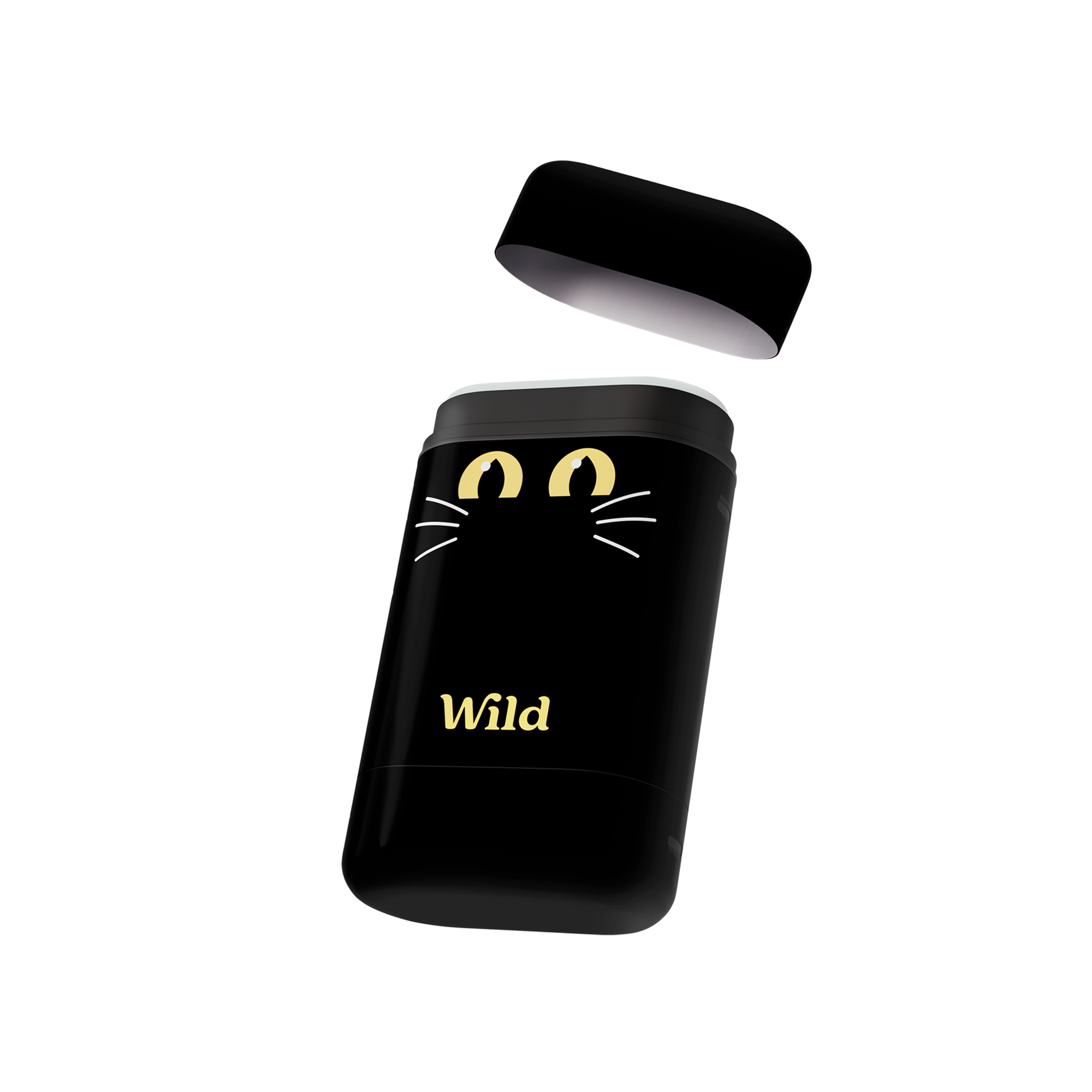 Caption: a black bottle with a cat face on it