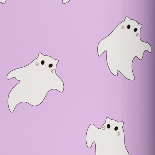 Légende : un groupe de chats fantômes sur fond violet