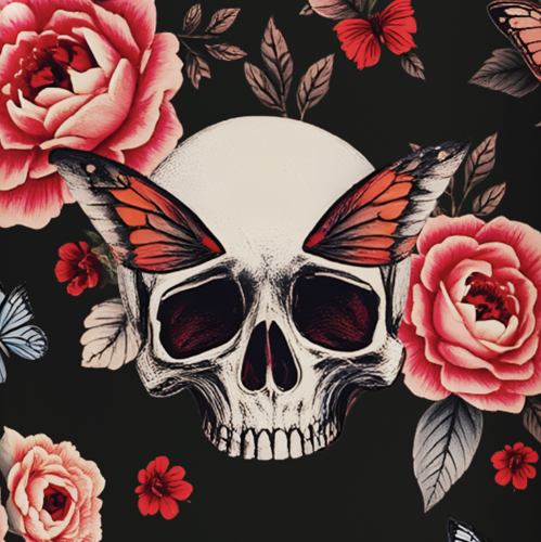 Légende : un crâne avec des roses et des papillons sur fond noir