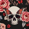 Caption: a skull with roses and butterflies on a black background
