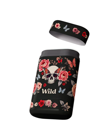 Caption: a black case with a skull and roses on it