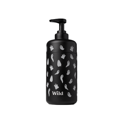 Caption: a black bottle with white birds on it