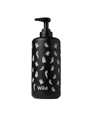 Caption: a black bottle with white birds on it