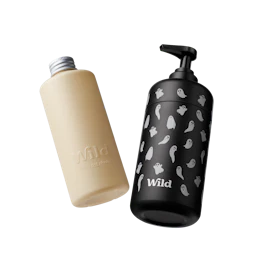 Caption: a bottle of water next to a black and white bottle