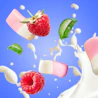 Caption: a picture of a strawberry, raspberry, mint, and milk splashing