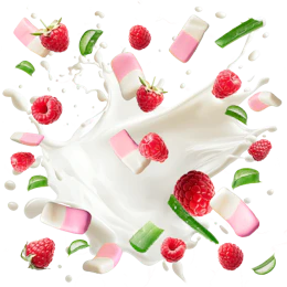 Caption: raspberries and milk splashing into a glass of milk