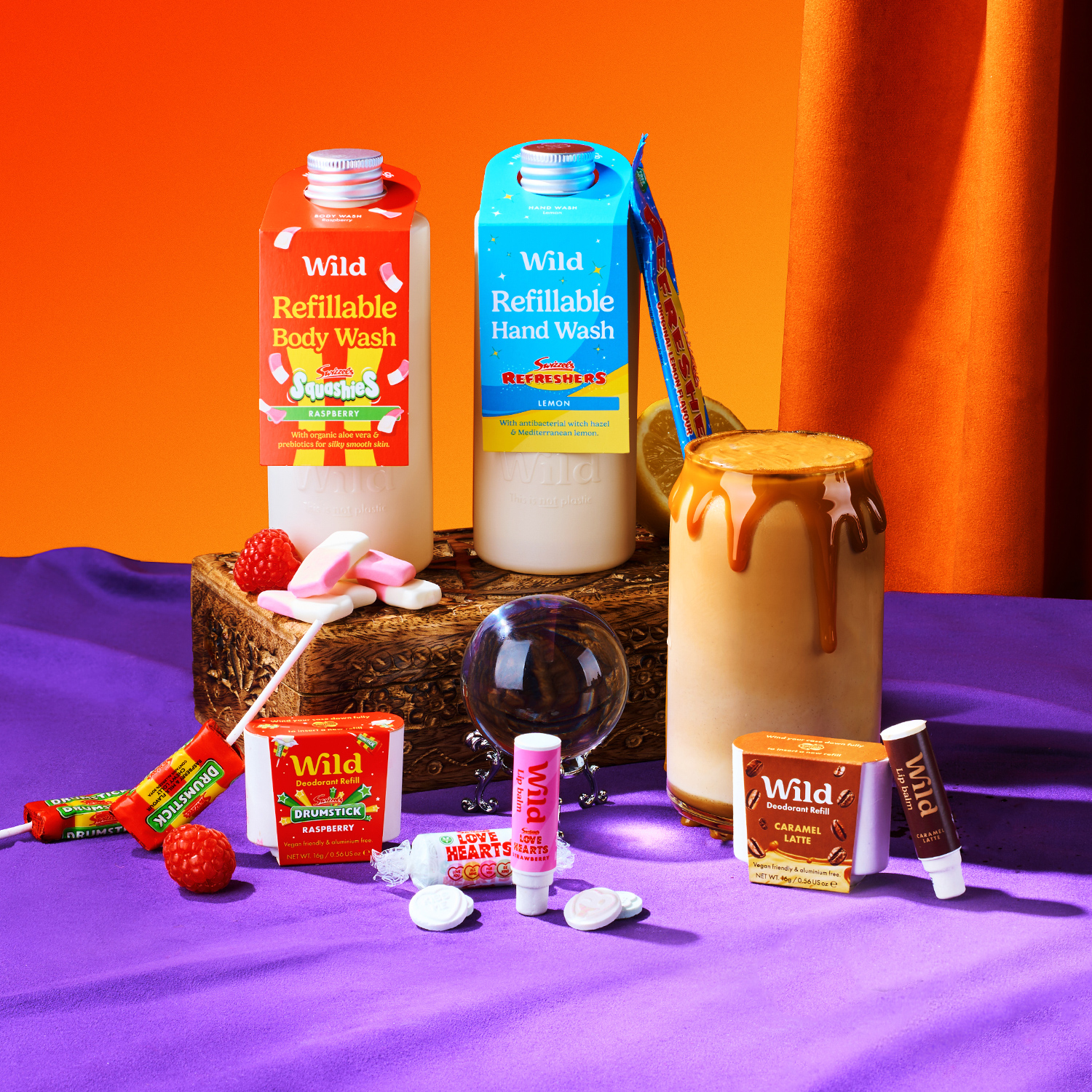 Wild deo- en douchegelnavullingen met snoep eromheen.