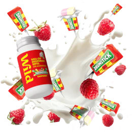 Caption: a bottle of raspberry milk surrounded by raspberries