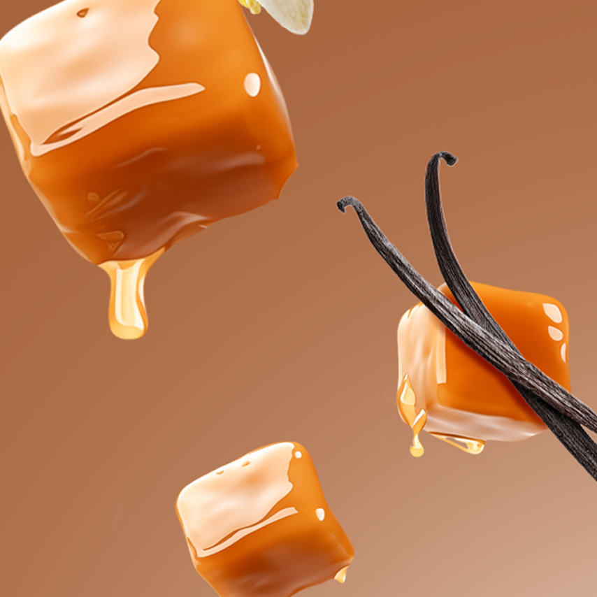 Légende : une glace au caramel et à la vanille flotte dans l'air