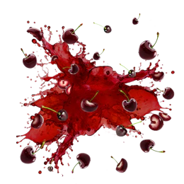 Caption: a red liquid splash with cherries on it