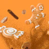 Caption: a group of cookies and cookies on a orange background