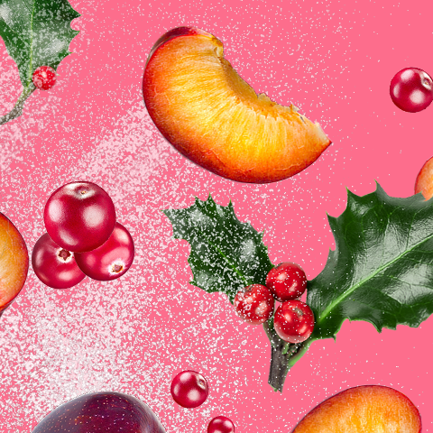 Légende : fond rose avec divers fruits et baies