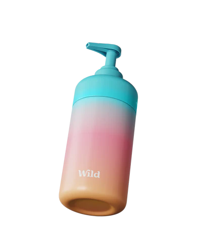 Caption: a blue and pink bottle with the word wild on it