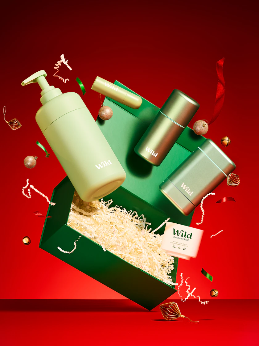 Caption: a red background with a green box and some bottles