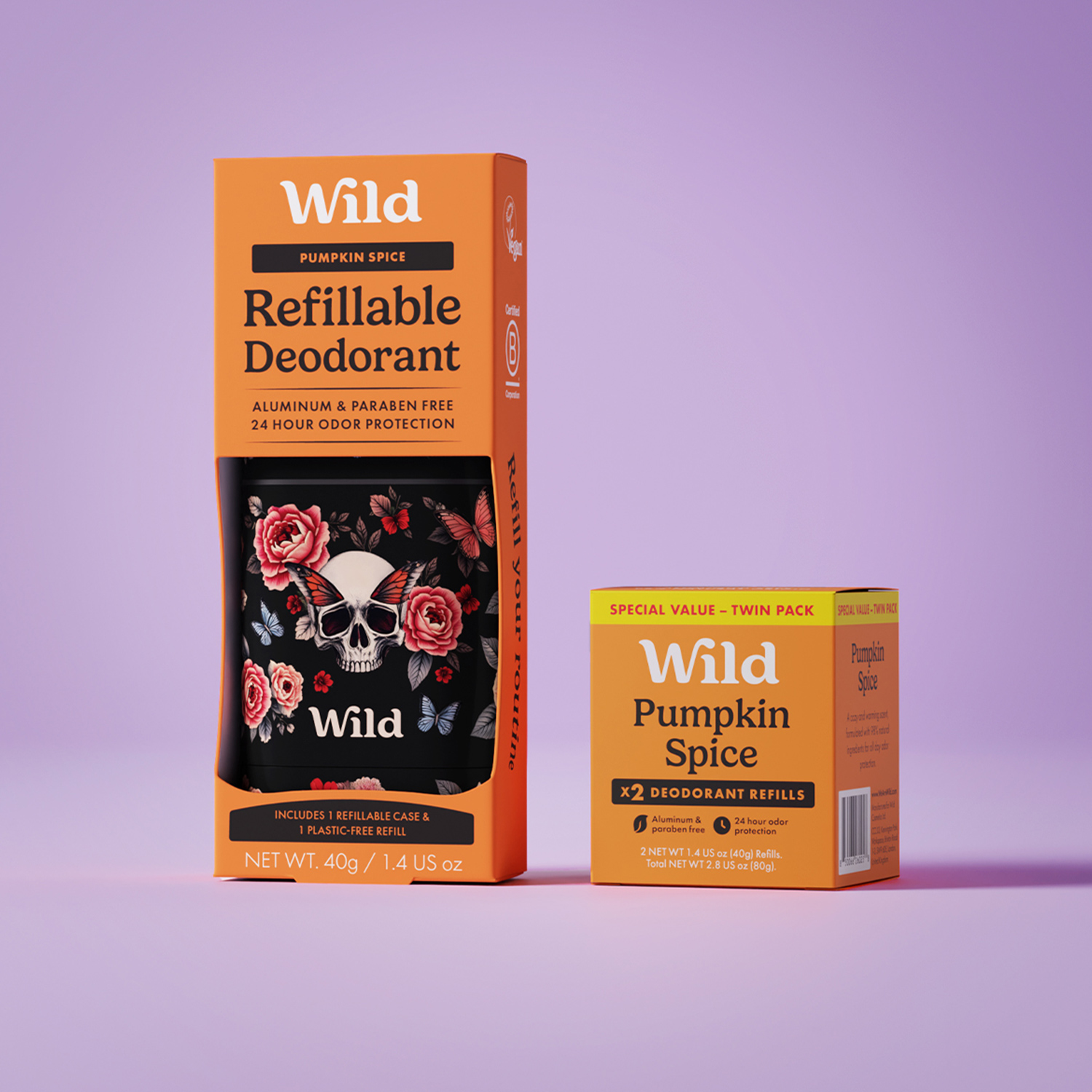 Caption: a package of wild retrillable deodorant next to a box