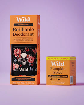 Caption: a package of wild retrillable deodorant next to a box