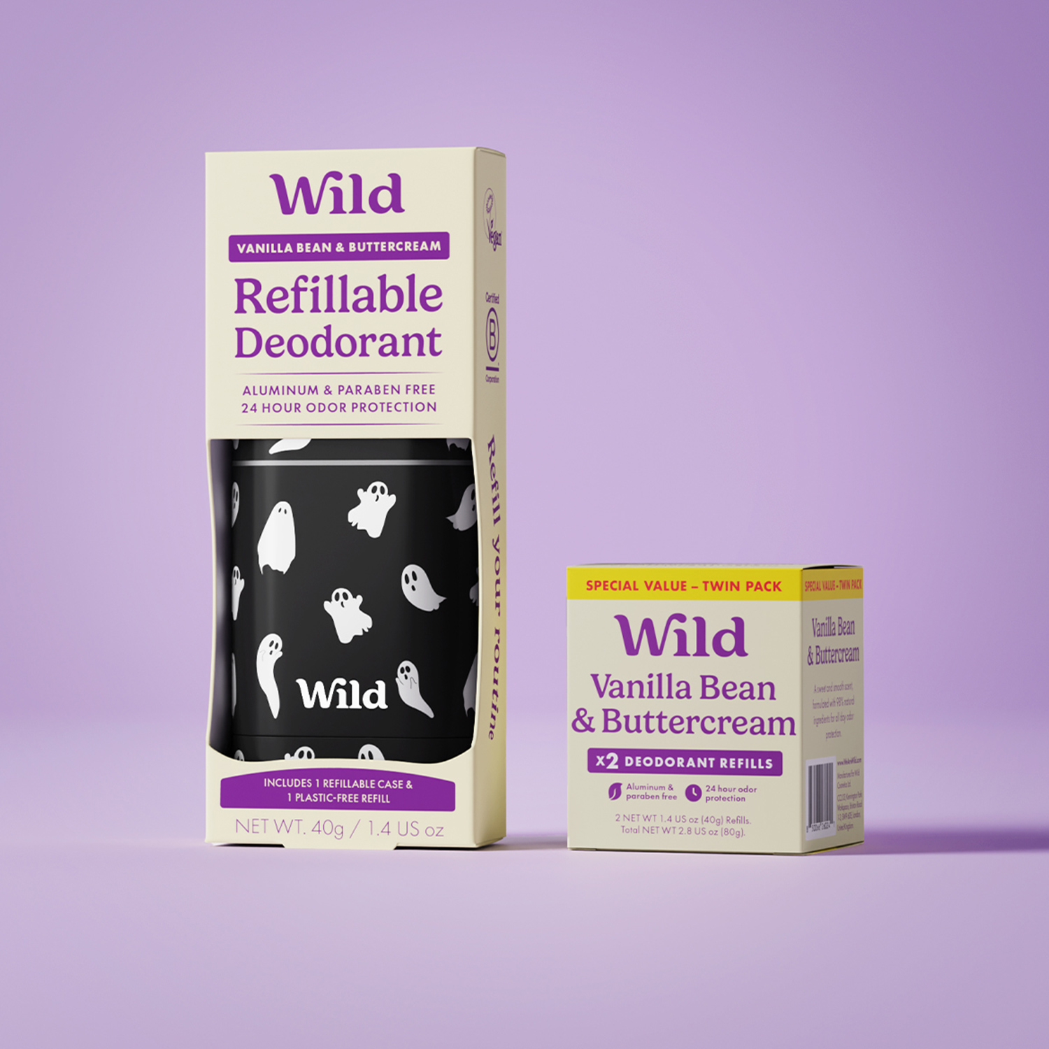 Caption: a box of vanilla bean and butter cream next to a package of refilleable