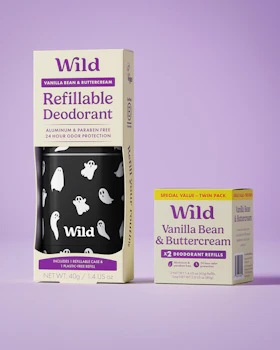 Caption: a box of vanilla bean and butter cream next to a package of refilleable