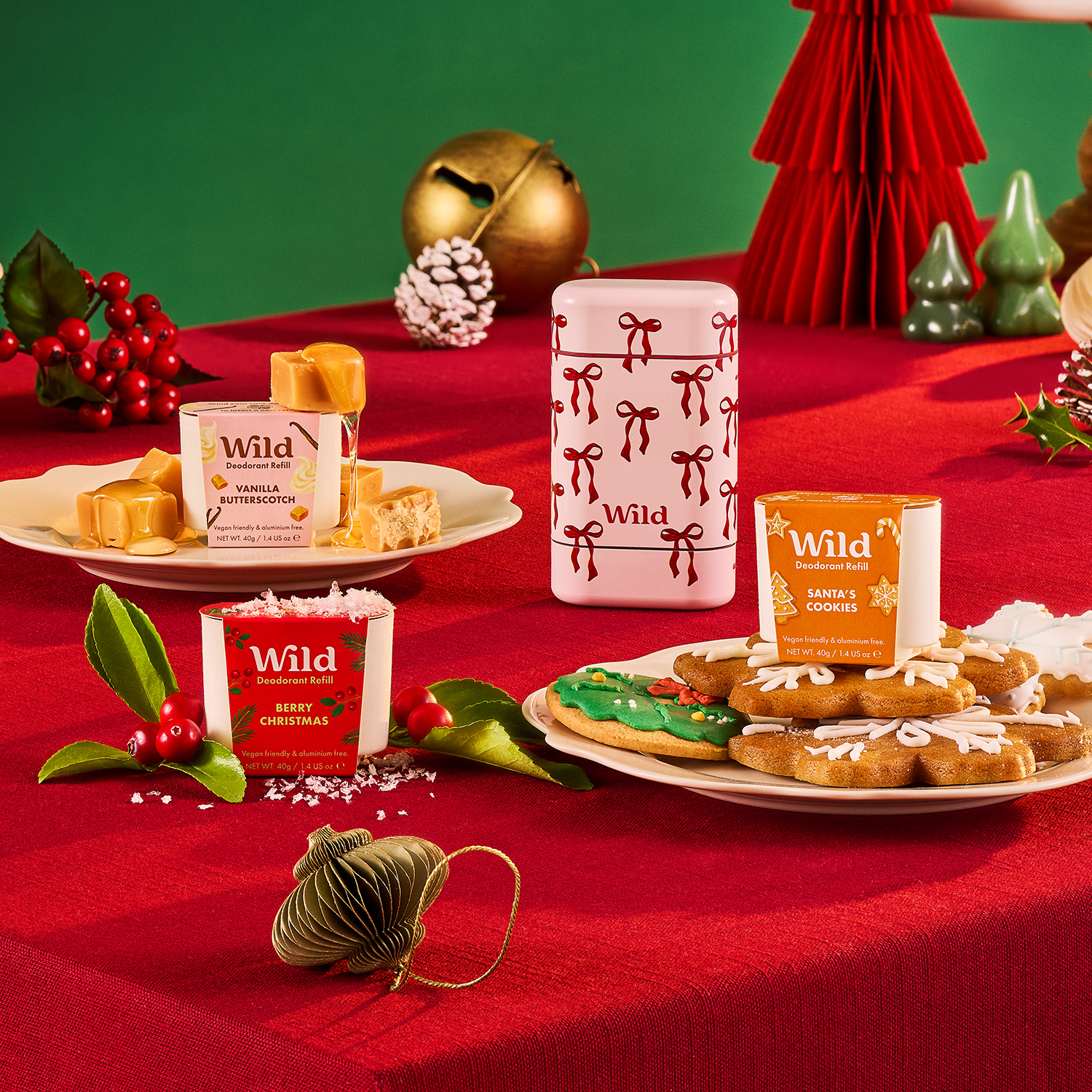 Caption: a red table topped with plates of food