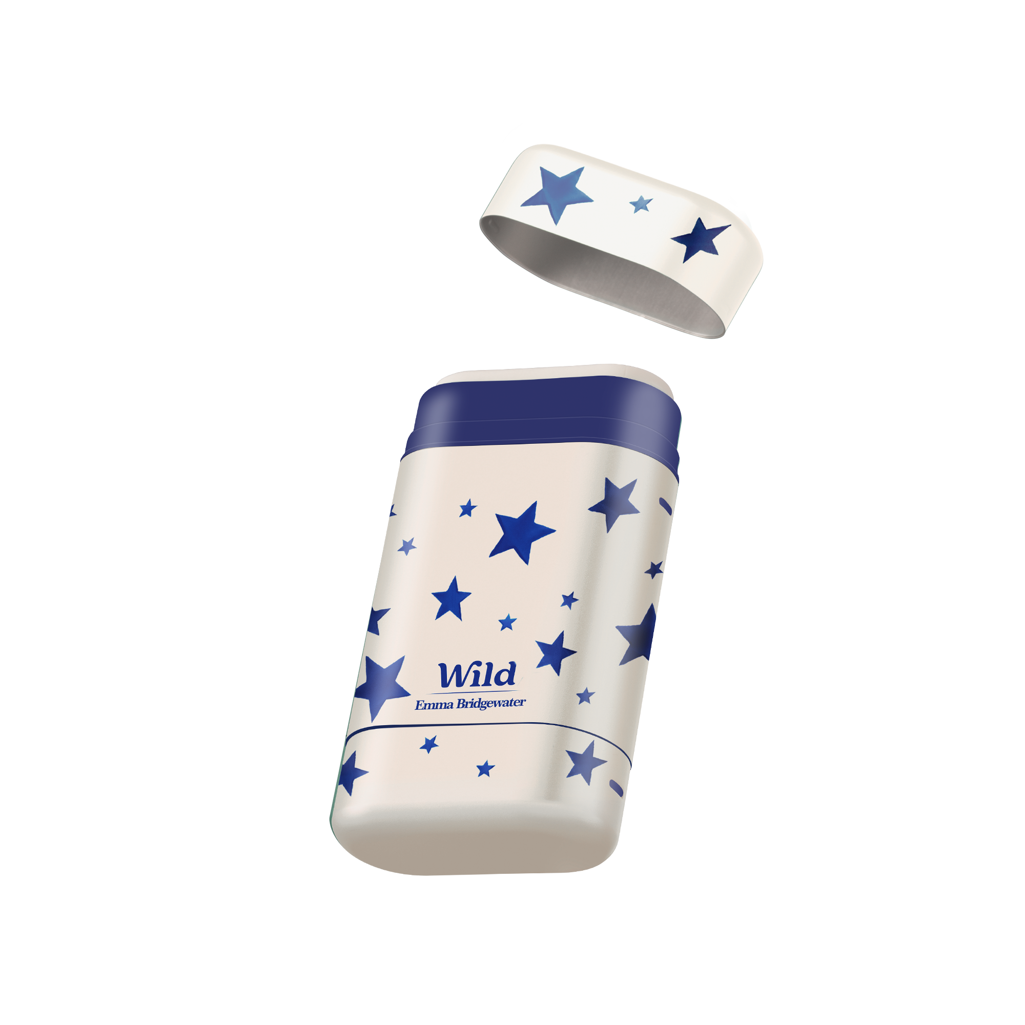 Caption: a white and blue tube with blue stars on it
