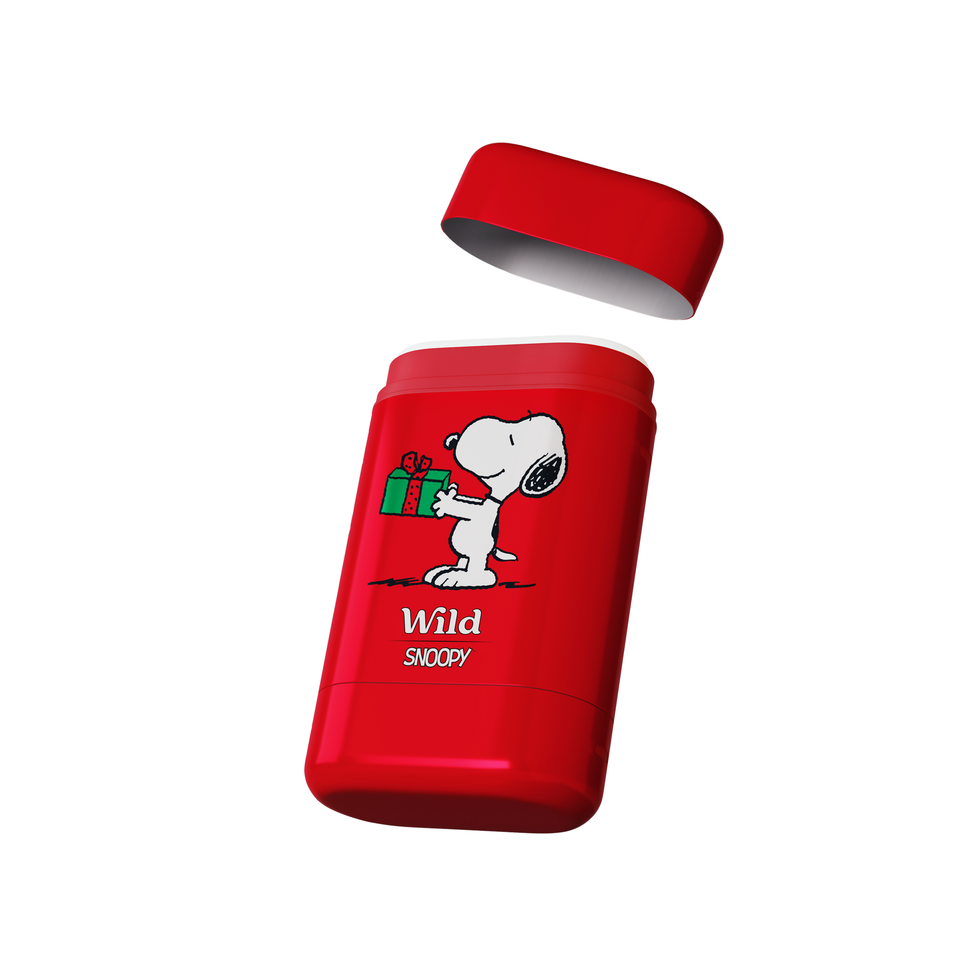Bildunterschrift: eine rote Flasche mit einem Cartoon-Hund darauf