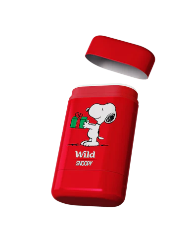 Caption: a red bottle with a cartoon dog on it
