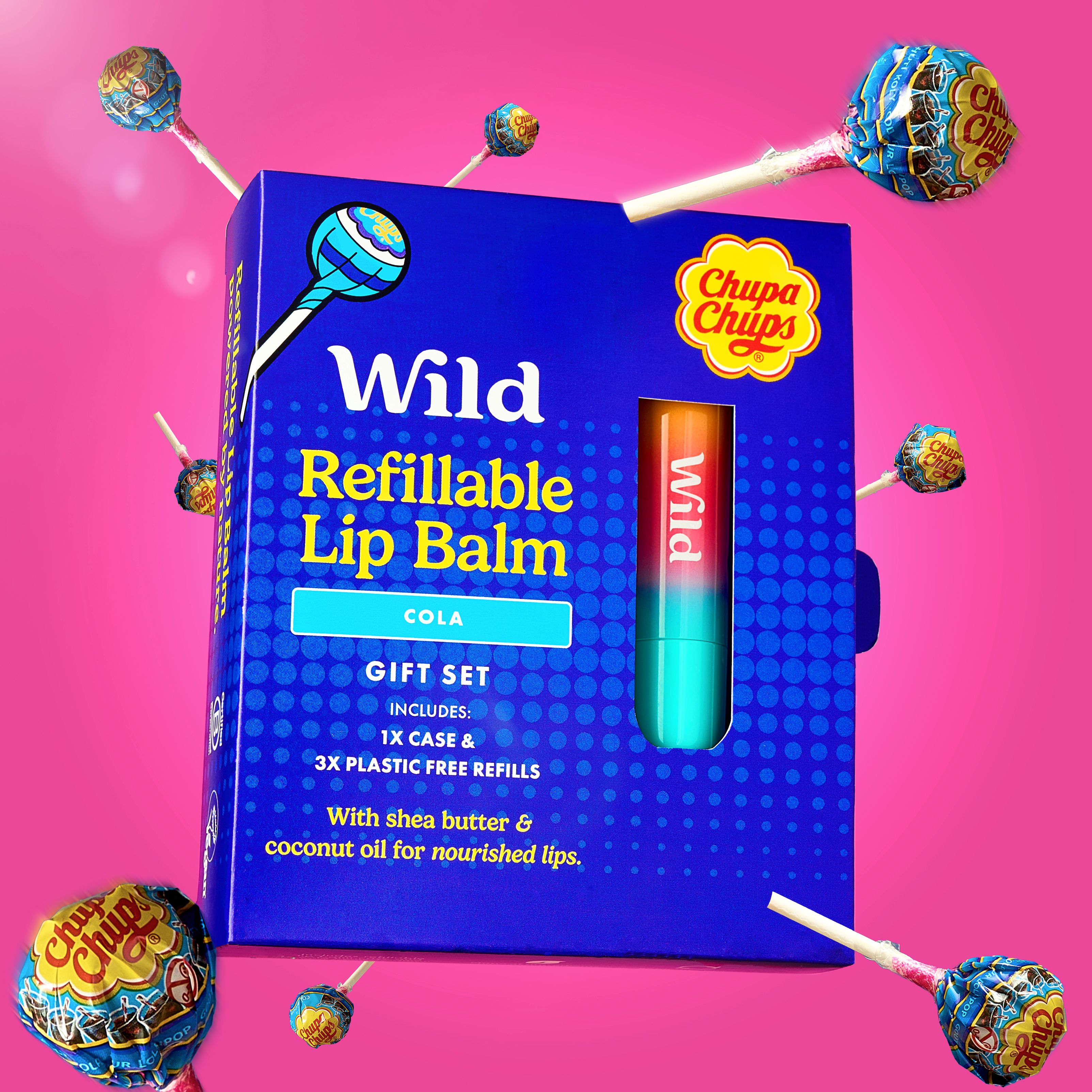 Caption: a box of lip balm on a pink background