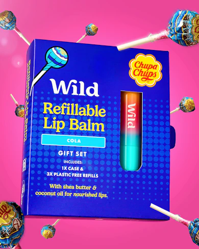 Caption: a box of lip balm on a pink background