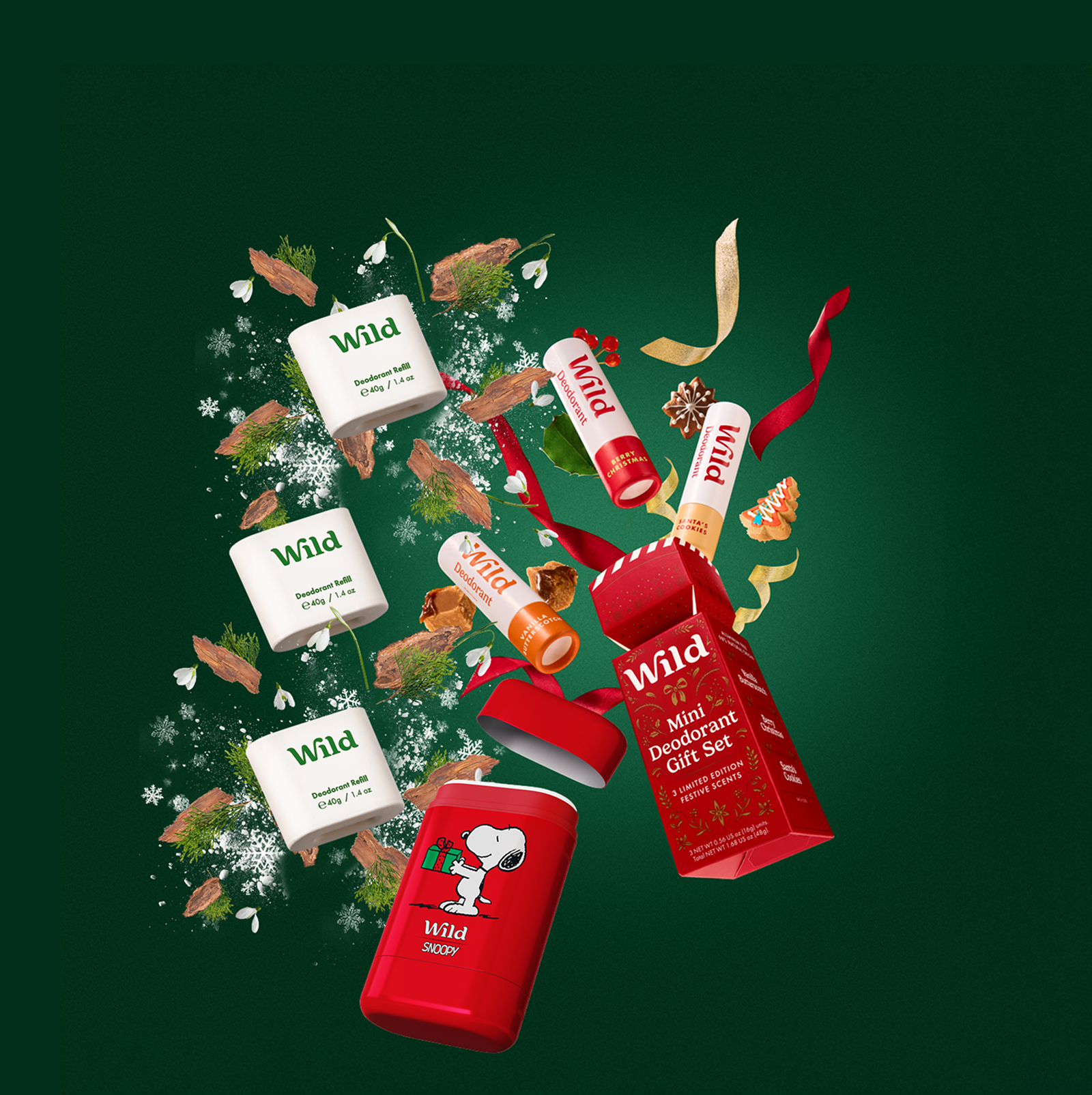 Caption: a green background with a bunch of christmas items