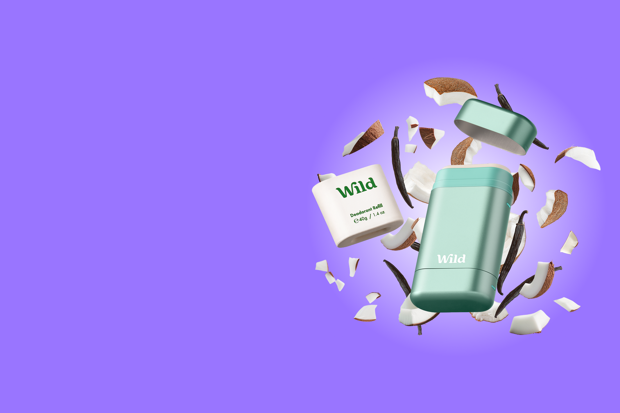 Caption: a purple background with a green bottle and a white box