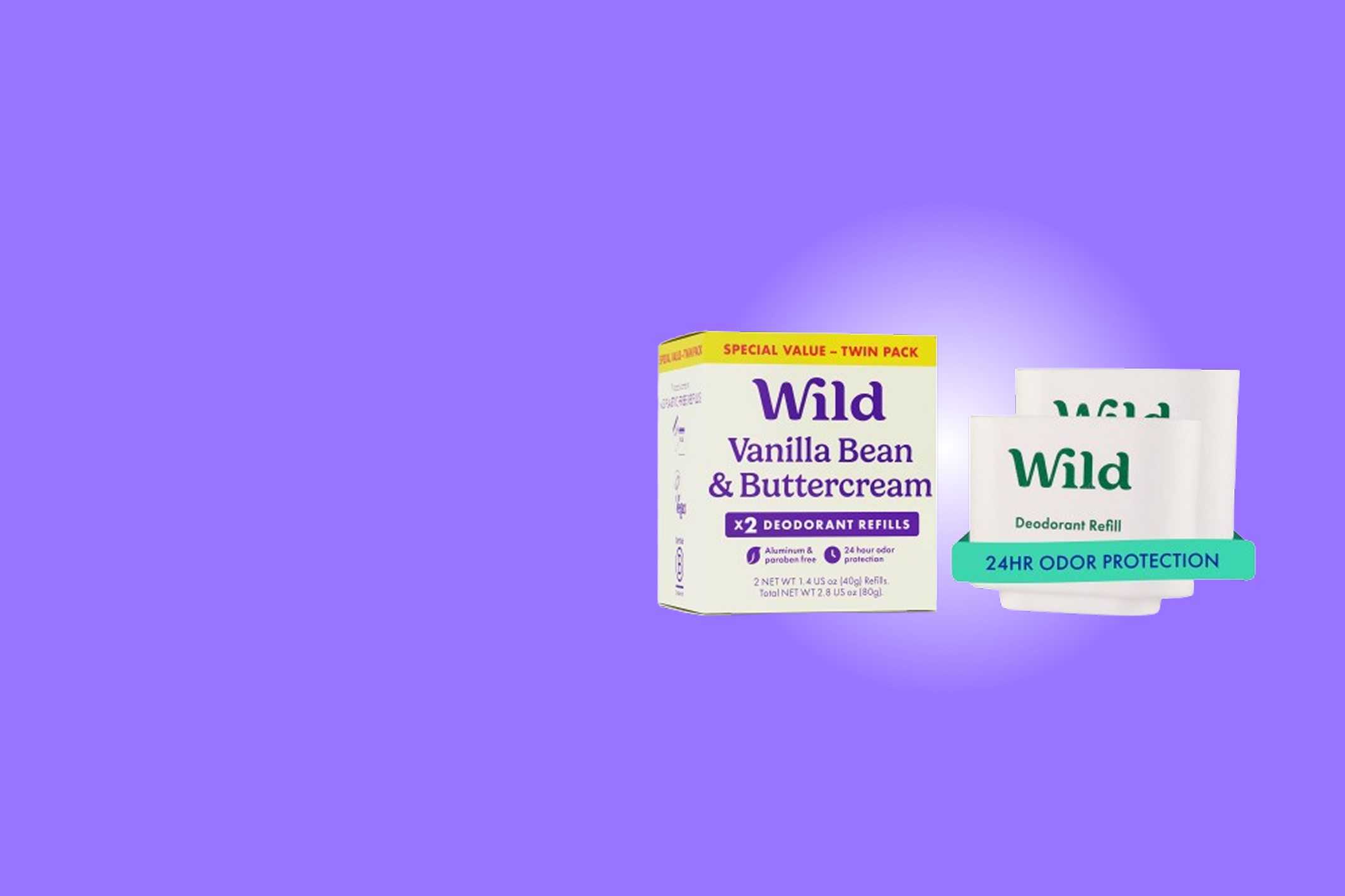 Caption: a bottle of wild vanilla bean and buttercream on a purple background