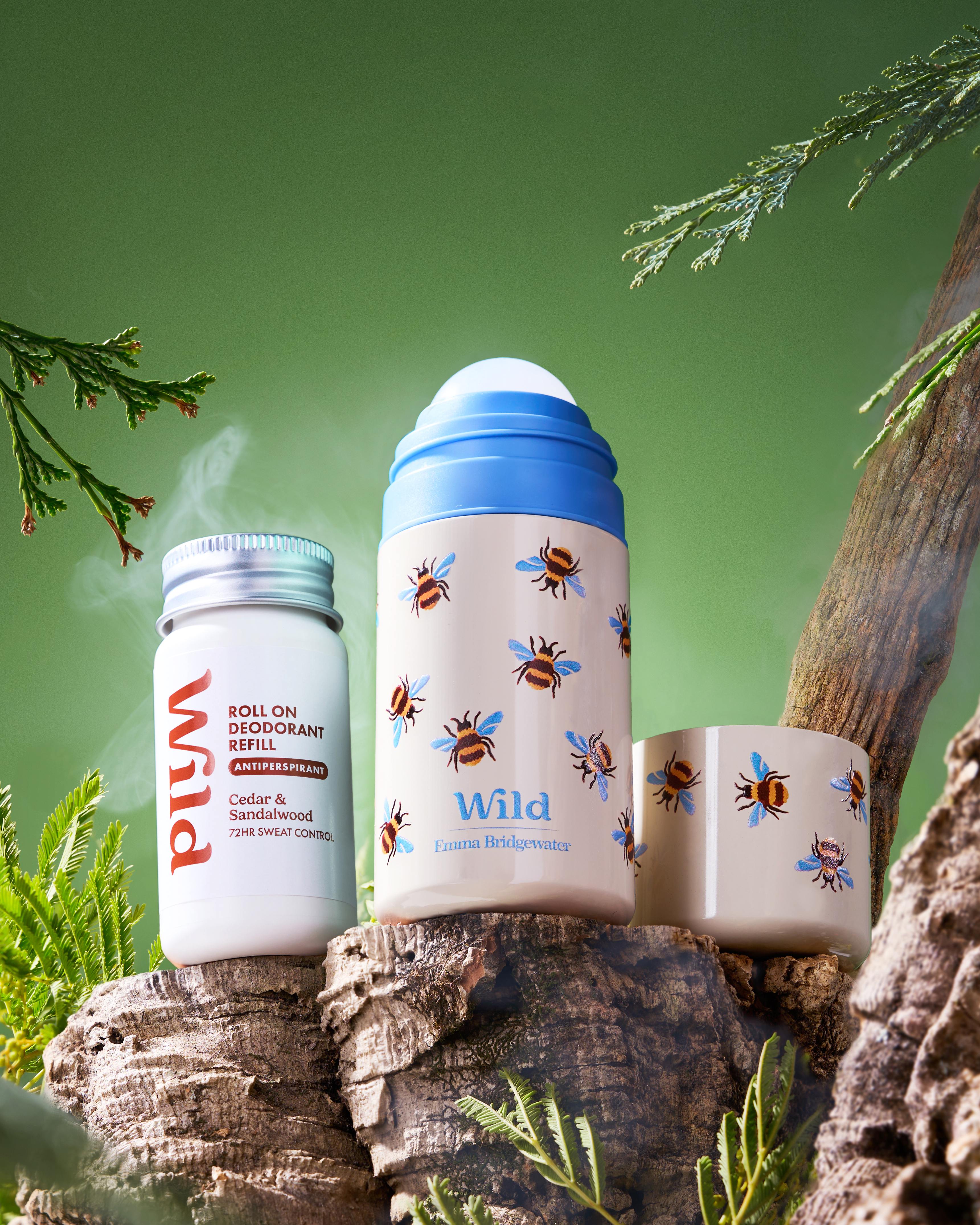 Caption: a couple of jars sitting on top of a tree stump