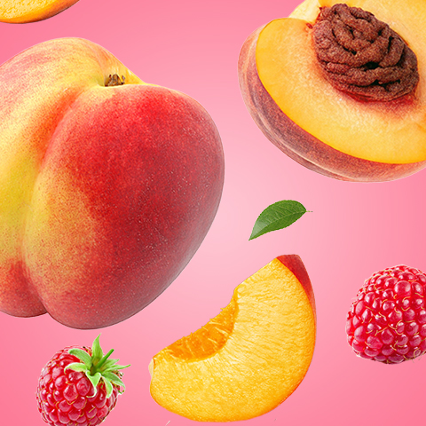 Caption: a pink background with peaches, raspberries, and peaches